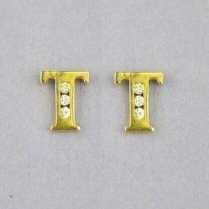 Solid 14k Yellow Gold Initial Letters Stud Earrings Sparkling White Stones T